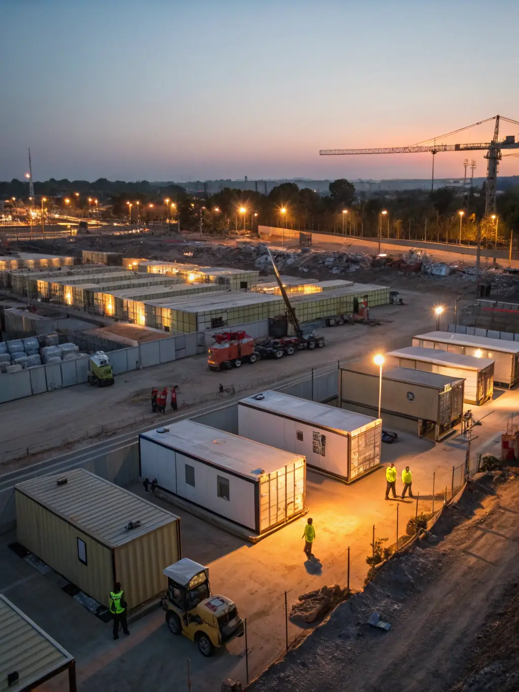 A photo of a fully equipped construction site with temporary offices, storage units, and worker accommodations provided by Real Boogie Nights.
