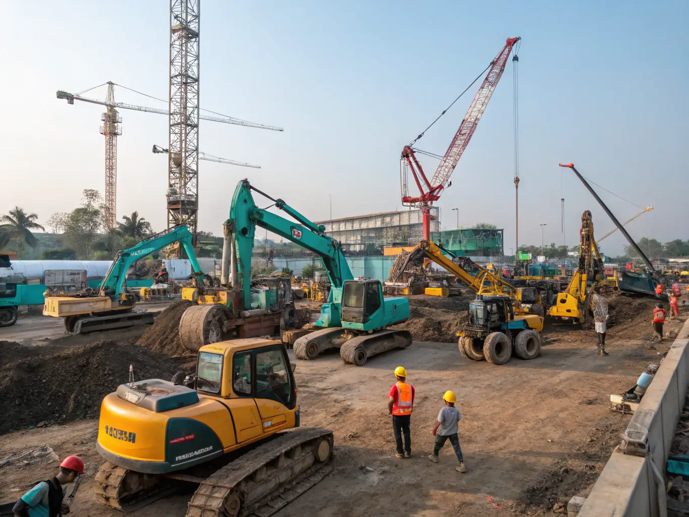 An image showcasing various construction machinery and equipment available for rent at Real Boogie Nights, set against a backdrop of a busy construction site in Jakarta.