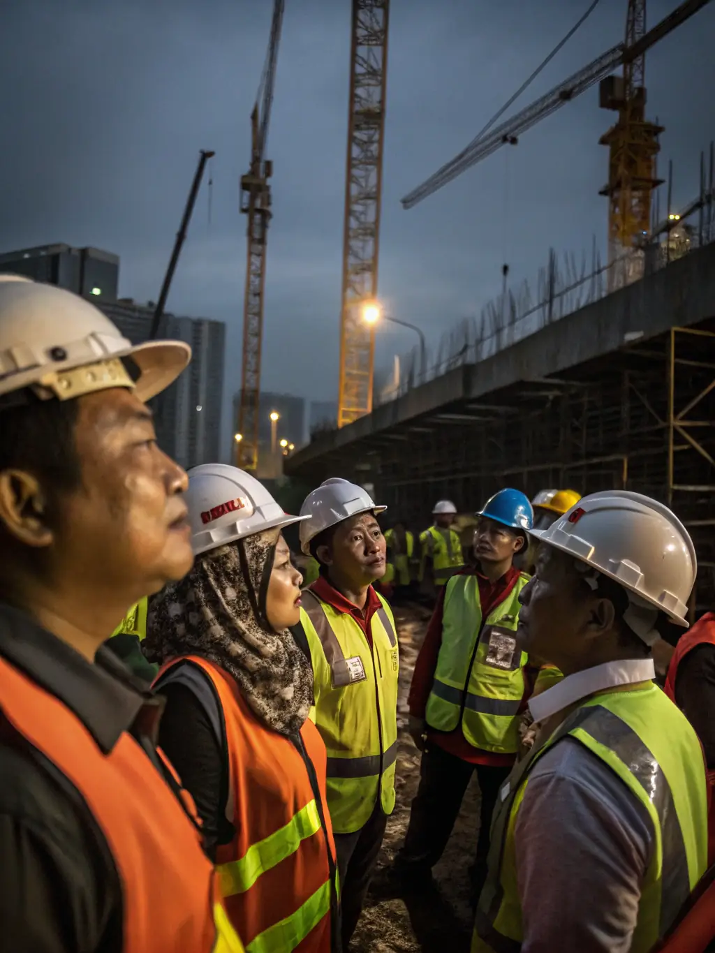 A diverse team of Real Boogie Nights contractors working on a large-scale infrastructure project in Jakarta, Indonesia.
