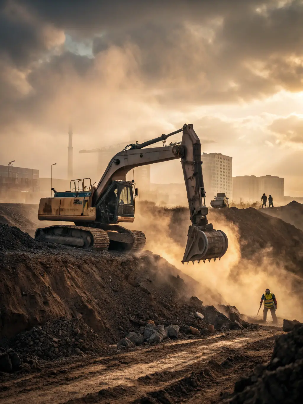 An image showcasing various construction machinery and equipment available for rent at Real Boogie Nights, including cranes, excavators, and scaffolding.