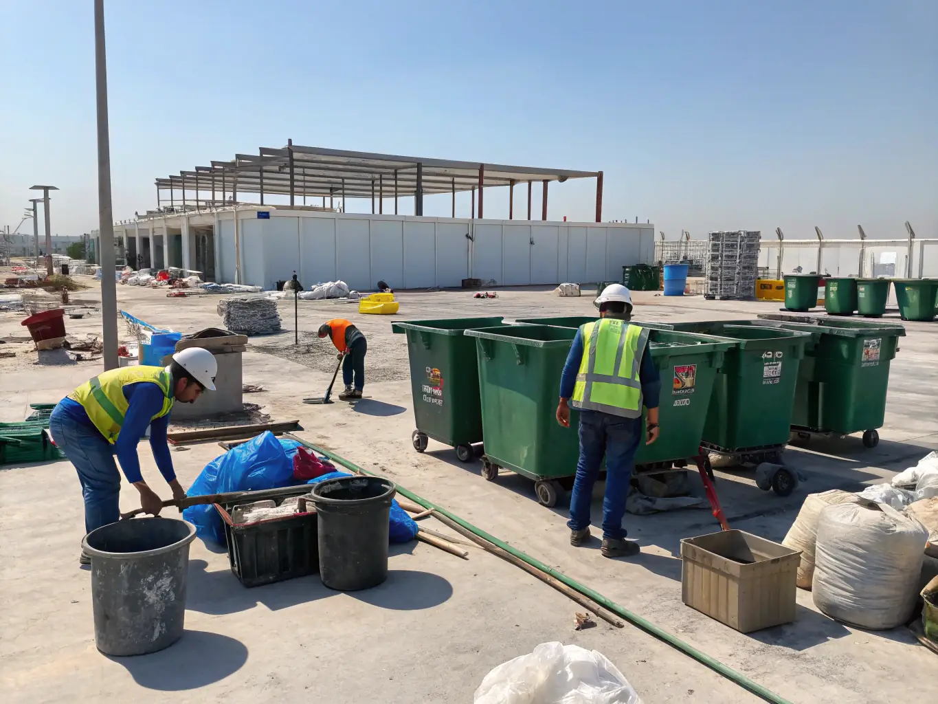 A photo of a fully equipped construction site with temporary offices and storage units, demonstrating the efficiency and organization provided by Real Boogie Nights' temporary site facilities.