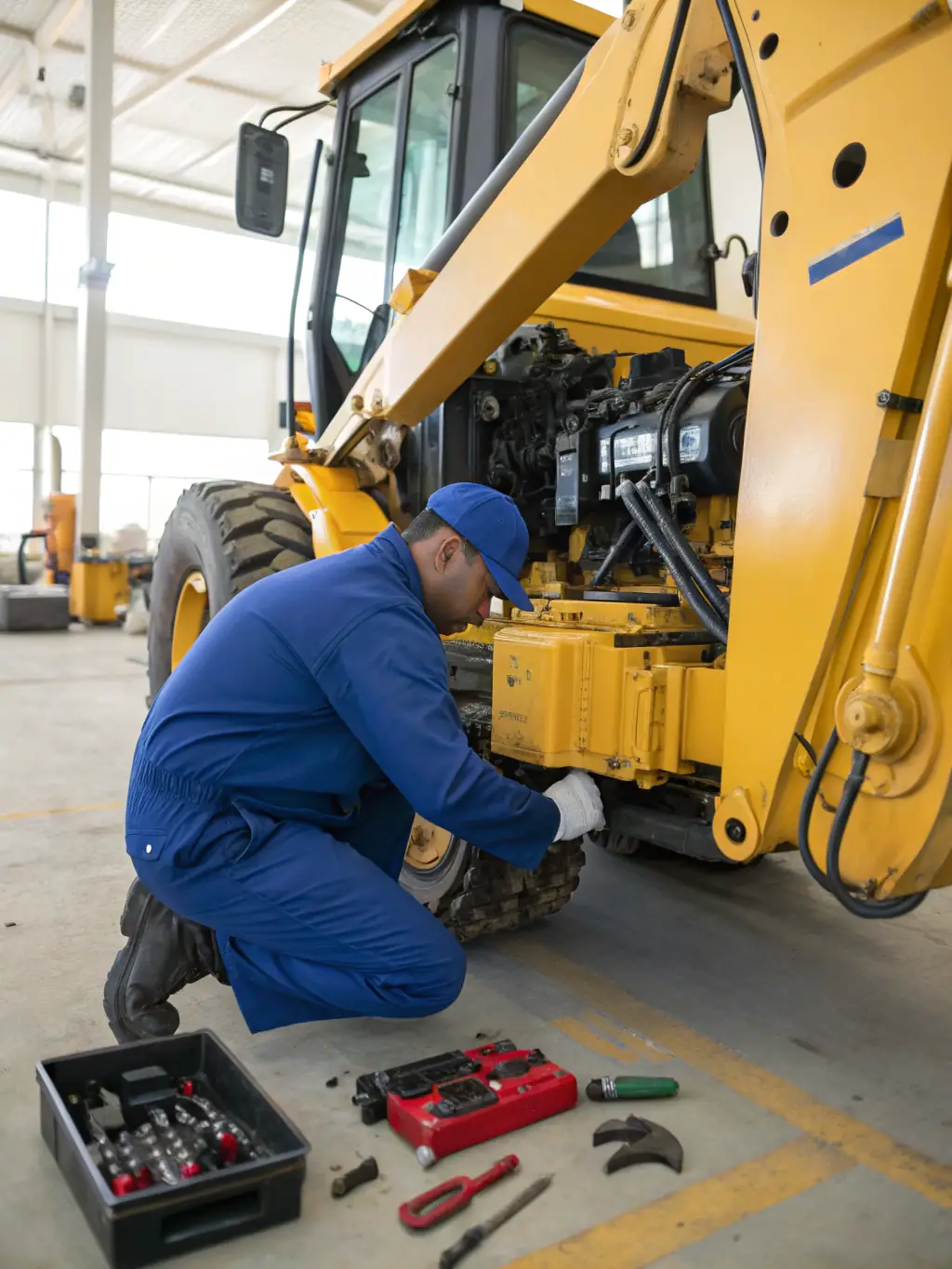 A photograph of a Real Boogie Nights certified technician performing maintenance on a piece of heavy construction equipment.